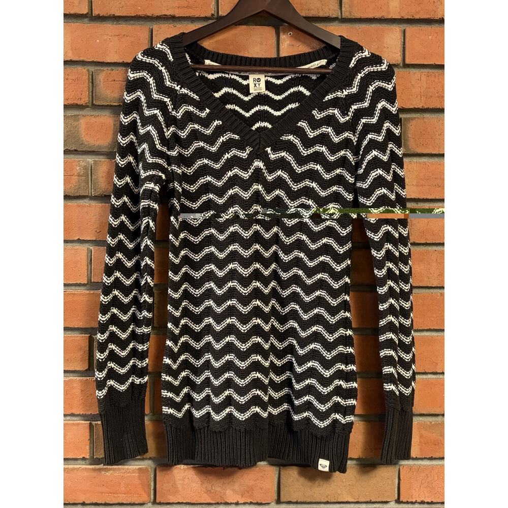 Roxy Chevron Knit Sweater Women’s XL Black White V-Neck Long Sleeve